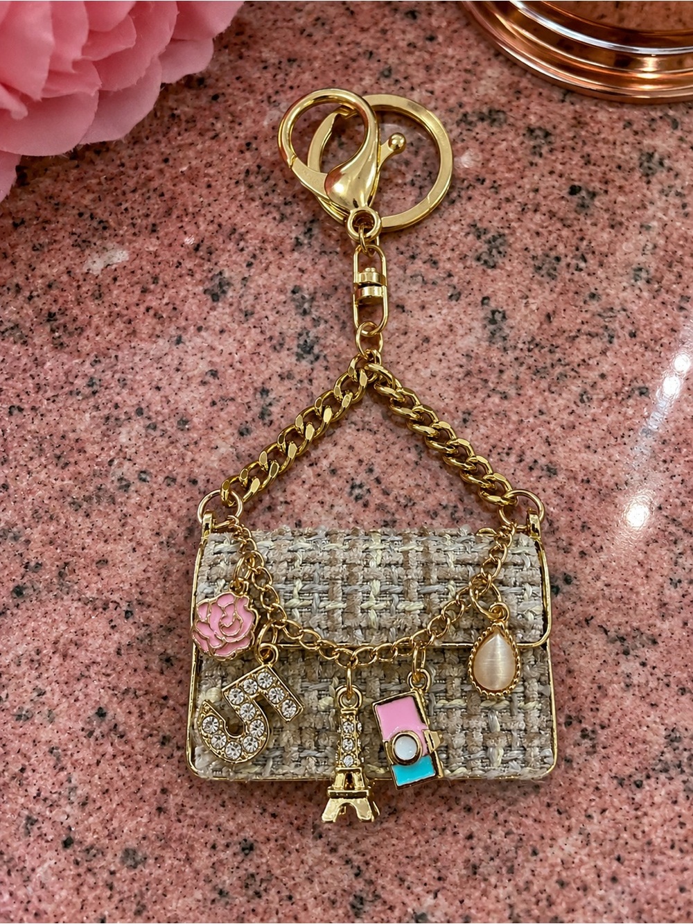 Gold-Tone Tweed Purse Charm Keychain with Pink Accents - Picture 2 of 3